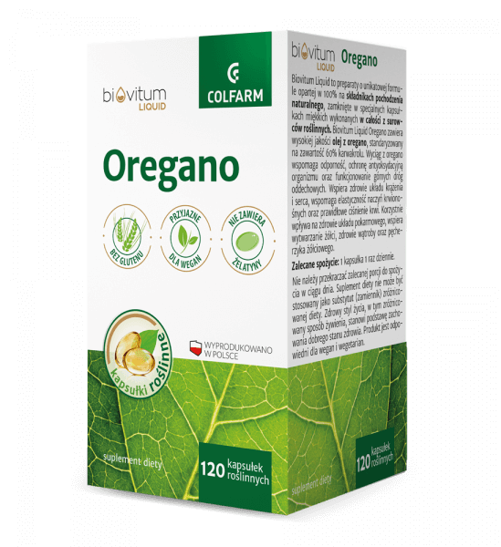 Oregano Biovitum Liquid , kapsułki ze składnikami wspierającymi układ odpornościowy i pokarmowy, 120 szt.
