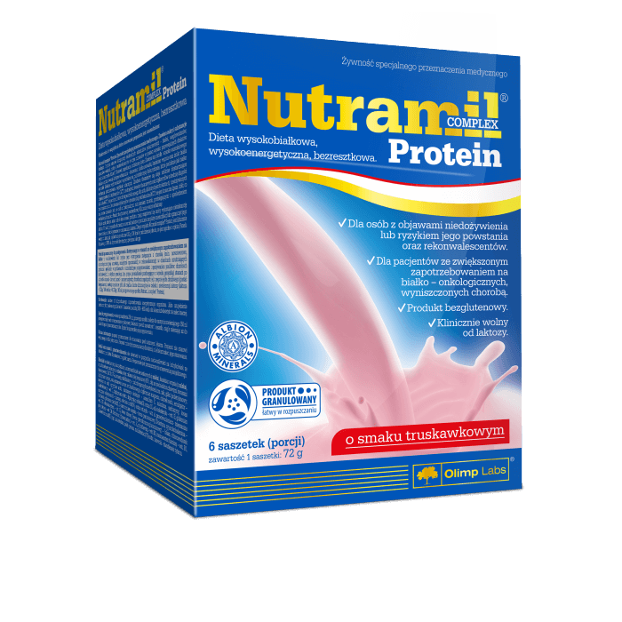 Olimp Nutramil Complex Protein proszek w stanach zwiększonego zapotrzebowania na białko o smaku truskawkowym, 6 sasz. 
