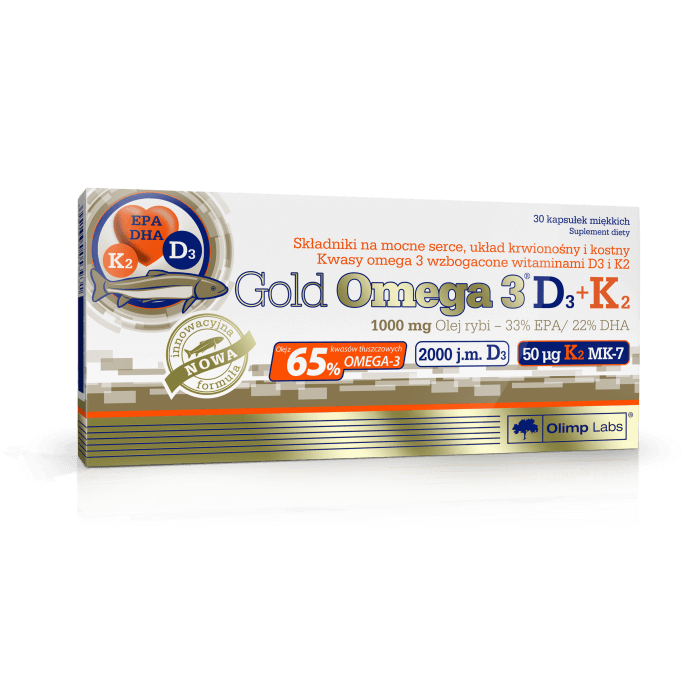 Olimp Gold Omega 3 D3 + K2 kapsułki ze składniami na prawidłowe funkcjonowanie układu krwionośnego, serca, 30 szt.