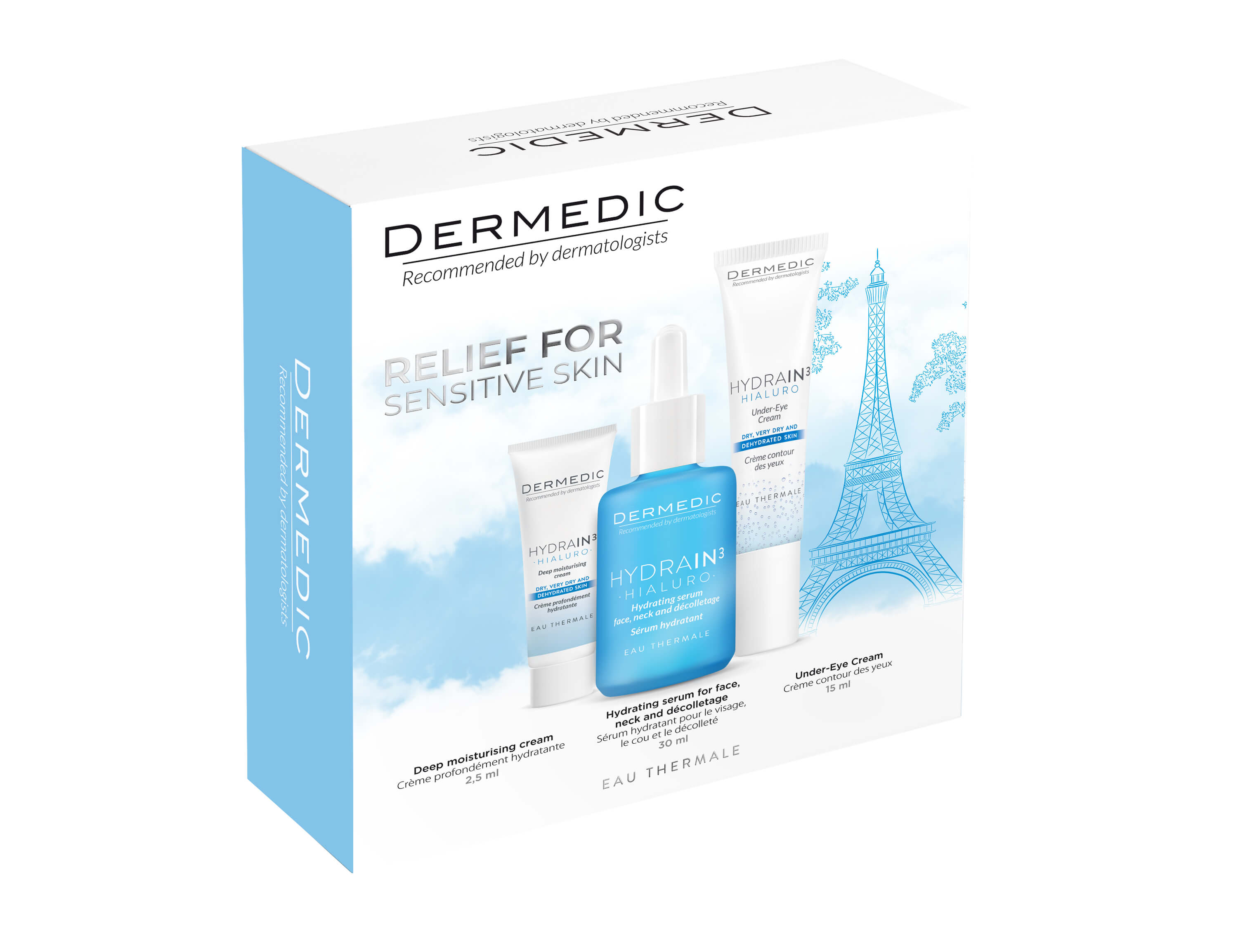 Dermedic Hydrain 3 Hialuro, zestaw: krem do twarzy, 2,5 ml + serum, 30 ml + krem pod oczy, 15 ml