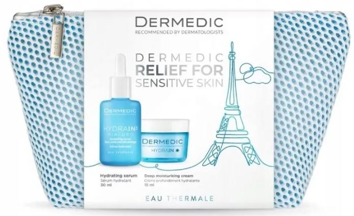 Dermedic Hydrain 3 Hialuro serum nawadniające, 30 ml + krem dogłębnie nawilżające, 15 ml + kosmetyczka