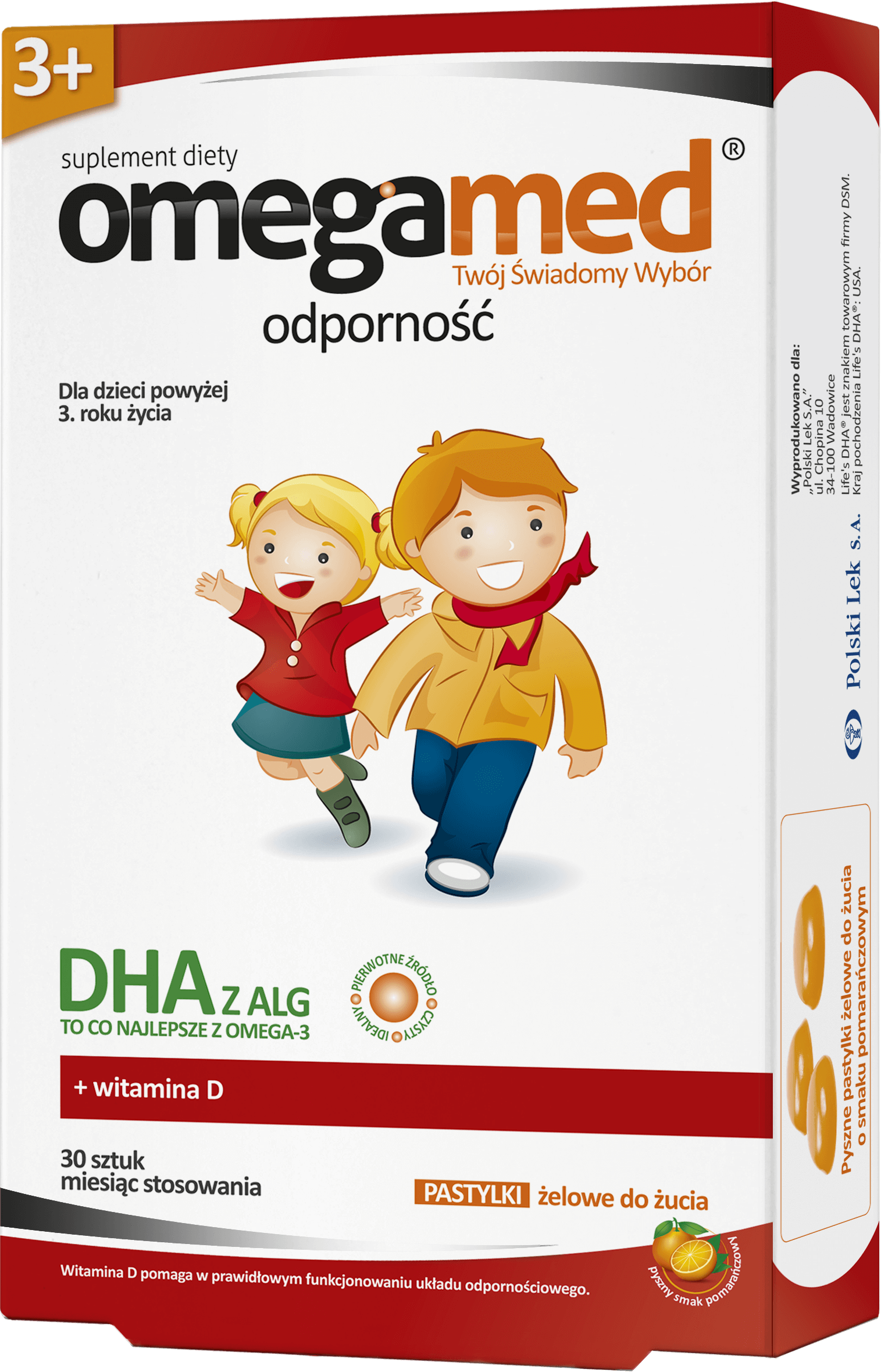 Omegamed Odporność 3+, pastylki ze składnikami wspierającymi odporność o smaku pomarańczowym, 30 szt.