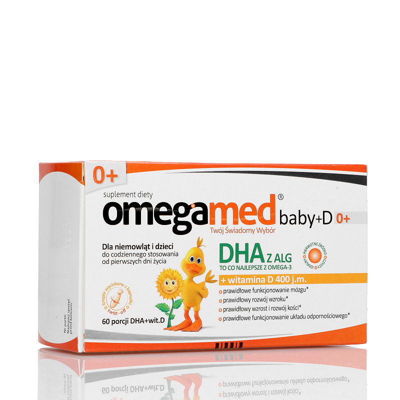 Omegamed Baby+D 0+, kapsułki twist-off ze składnikami uzupełniającymi dietę w kwas DHA i witaminę D, dla niemowląt, 60 szt.