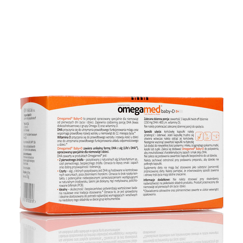 Omegamed Baby+D 0+, kapsułki twist-off ze składnikami uzupełniającymi dietę w kwas DHA i witaminę D, dla niemowląt, 60 szt.