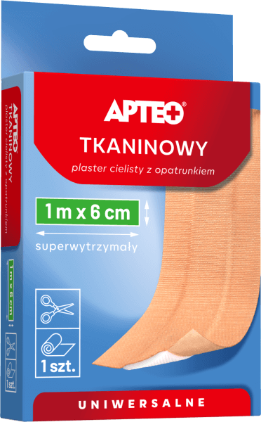 Plaster tkaninowy z opatrunkiem cielisty APTEO uniwersalny, 1 m x 6 cm, 1 szt.