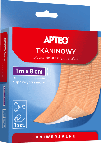 Plaster tkaninowy z opatrunkiem cielisty APTEO uniwersalny, 1 m x 8 cm, 1 szt.