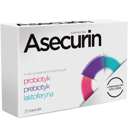 Asecurin, kapsułki ze składnikami wspomagającymi uzupełnienie mikroflory bakteryjnej jelit, 20 szt.