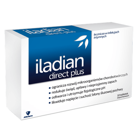 Iladian direct plus, tabletki działające pomocniczo w leczeniu bakteryjnego, grzybiczego lub mieszanego zapalenia pochwy, 10 szt.