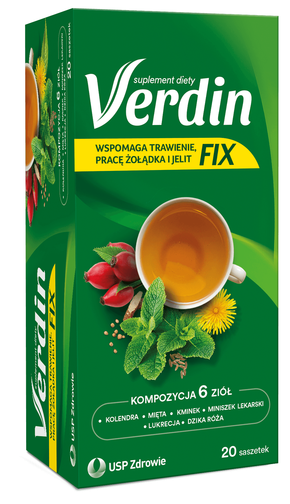 Verdin fix, herbata ze składnikami wspierającymi trawienie i prawidłową pracę jelit, żołądka, 20 sasz.