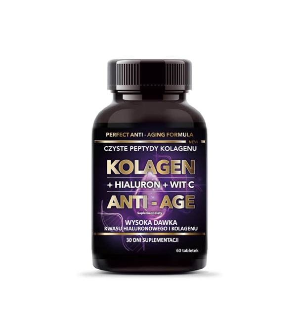 Kolagen ANTI-AGE + hialuron + witamina C, tabletki ze składnikami wspomagającymi procesy przeciwstarzeniowe organizmu, 60 szt.