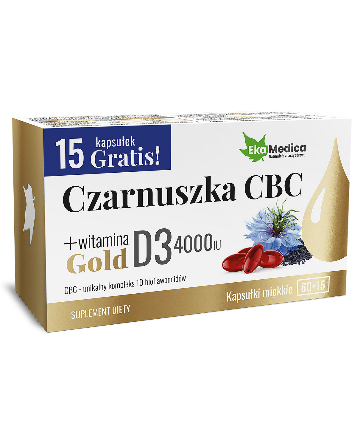 Czarnuszka CBC Gold, kapsułki ze składnikami unikalnego kompleksu 10 bioflawonoidów + witamina D3, 60 szt. + 15 szt.