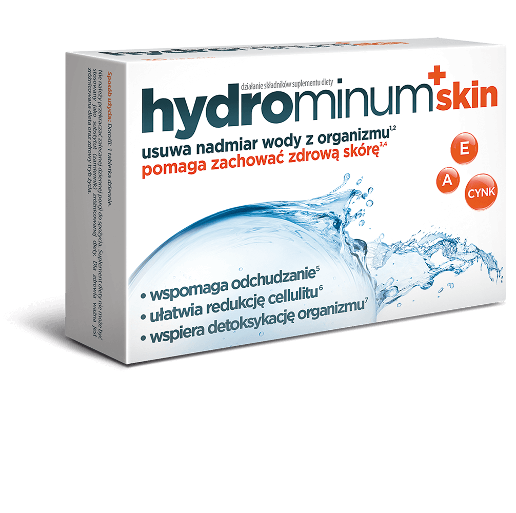 Hydrominum + skin, tabletki ze składnikami wspierającymi usunięcie nadmiaru wody z organizmu, 30 szt.