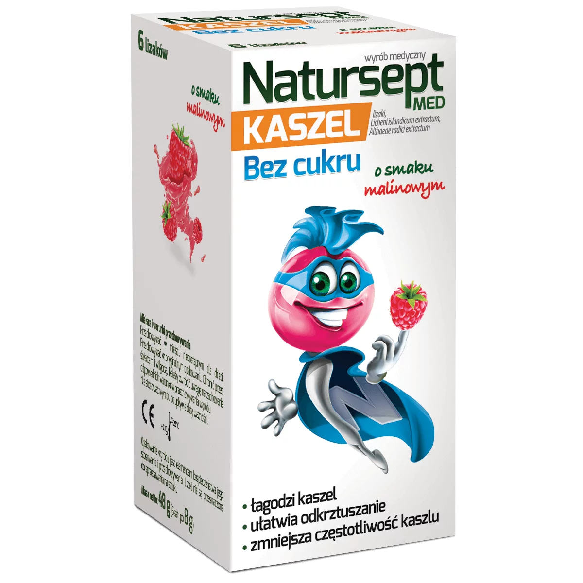 Natursept Med Kaszel, lizaki na ból gardła dla dzieci o smaku malinowym, 6 szt.