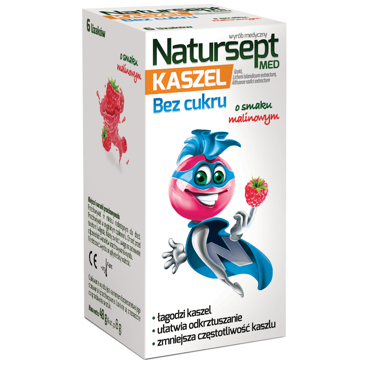 Natursept Med Kaszel, lizaki na ból gardła dla dzieci o smaku malinowym, 6 szt.