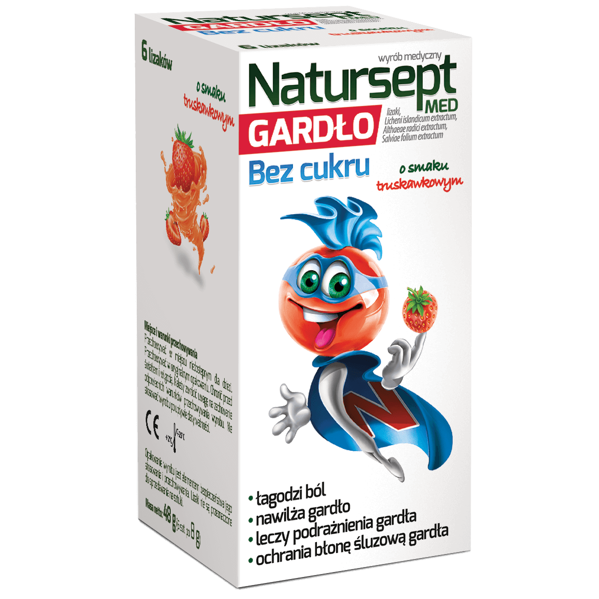Natursept Med Gardło, lizaki na ból gardła o smaku truskawkowym bez cukru, 6 szt.