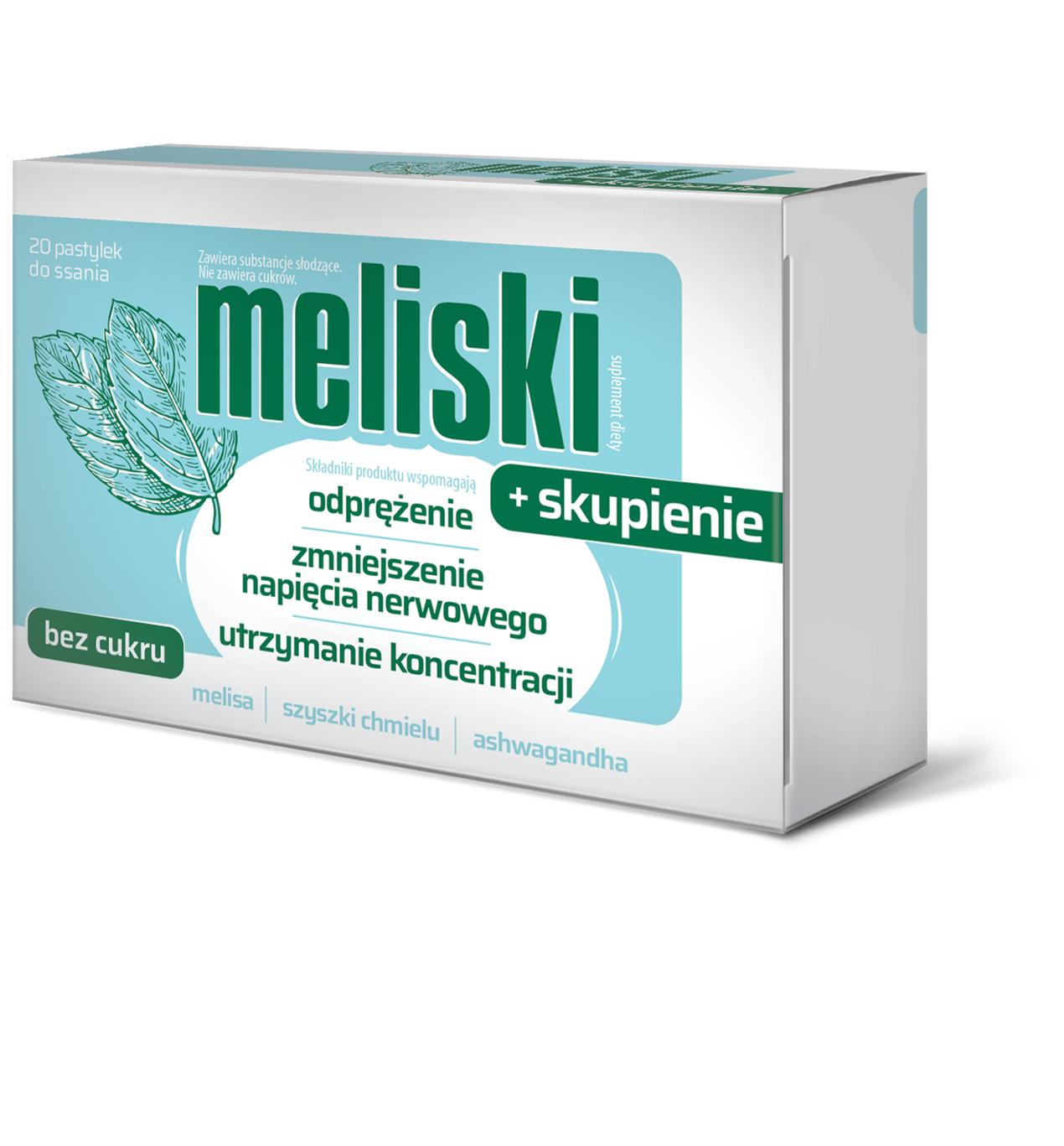 Meliski + Skupienie, pastylki do ssania ze składnikami wspomagającymi redukcje stresu i poprawę koncentracji, 20 szt.
