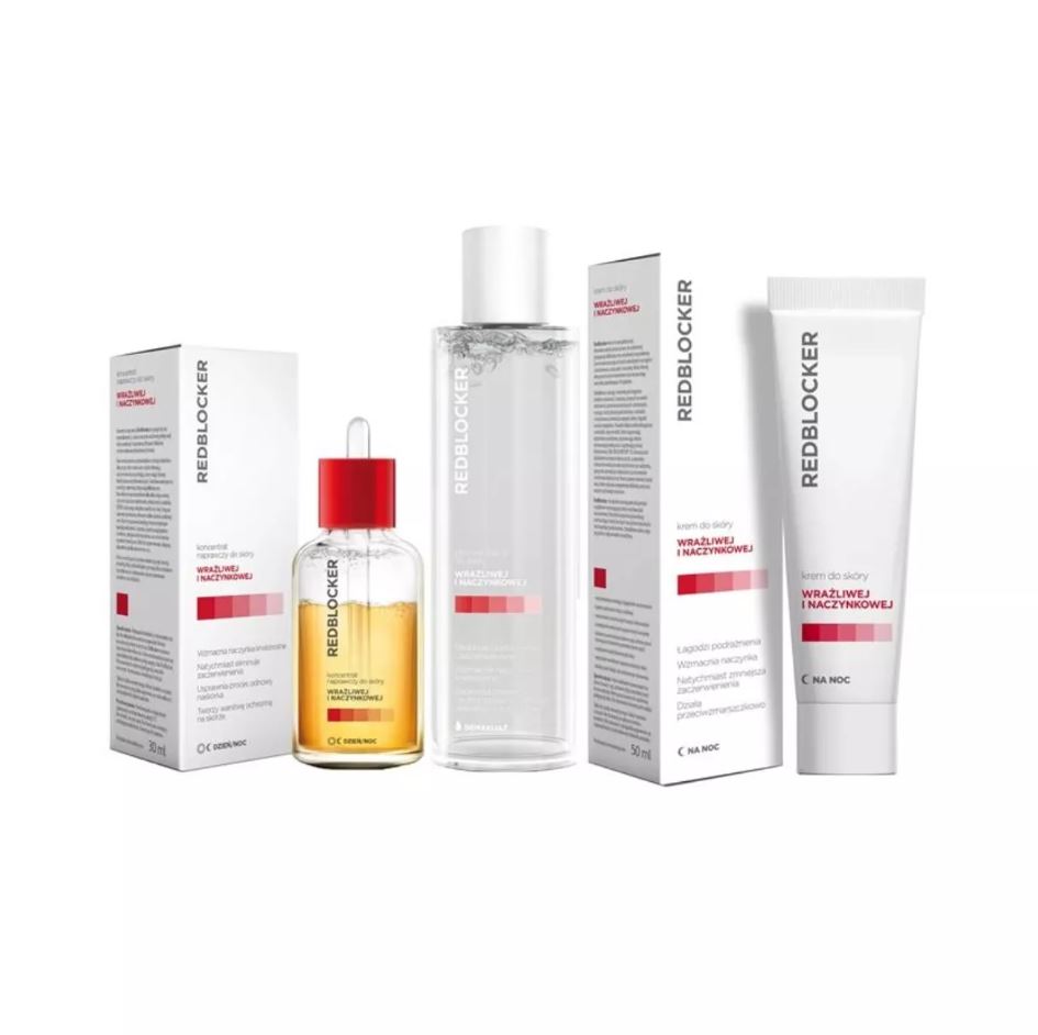 Redblocker, zestaw: koncentrat naprawczy, 30 ml + krem na noc, 50 ml + płyn micelarny, 200 ml