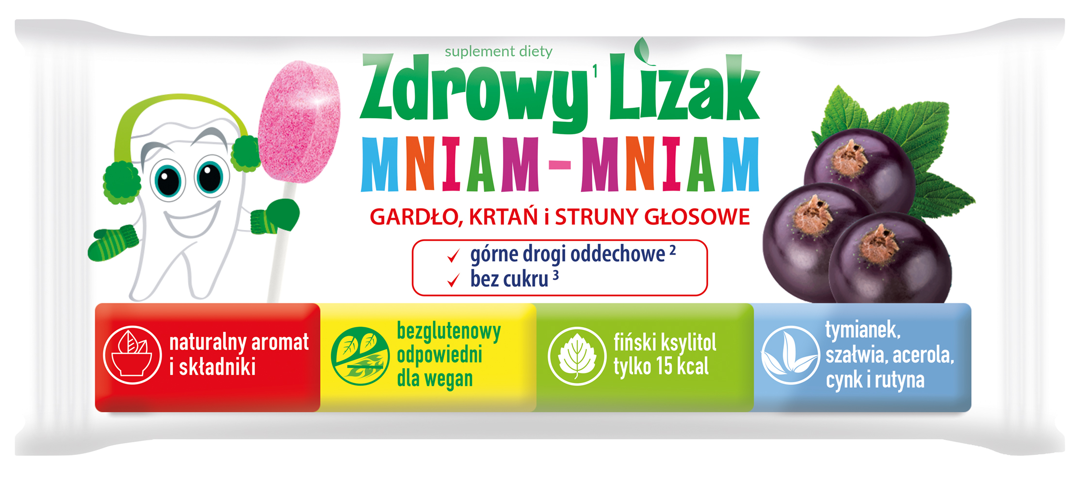 Zdrowy Lizak Mniam-Mniam, lizak na gardło z dodatkiem witaminy C i D o smaku porzeczkowym, 1 szt.