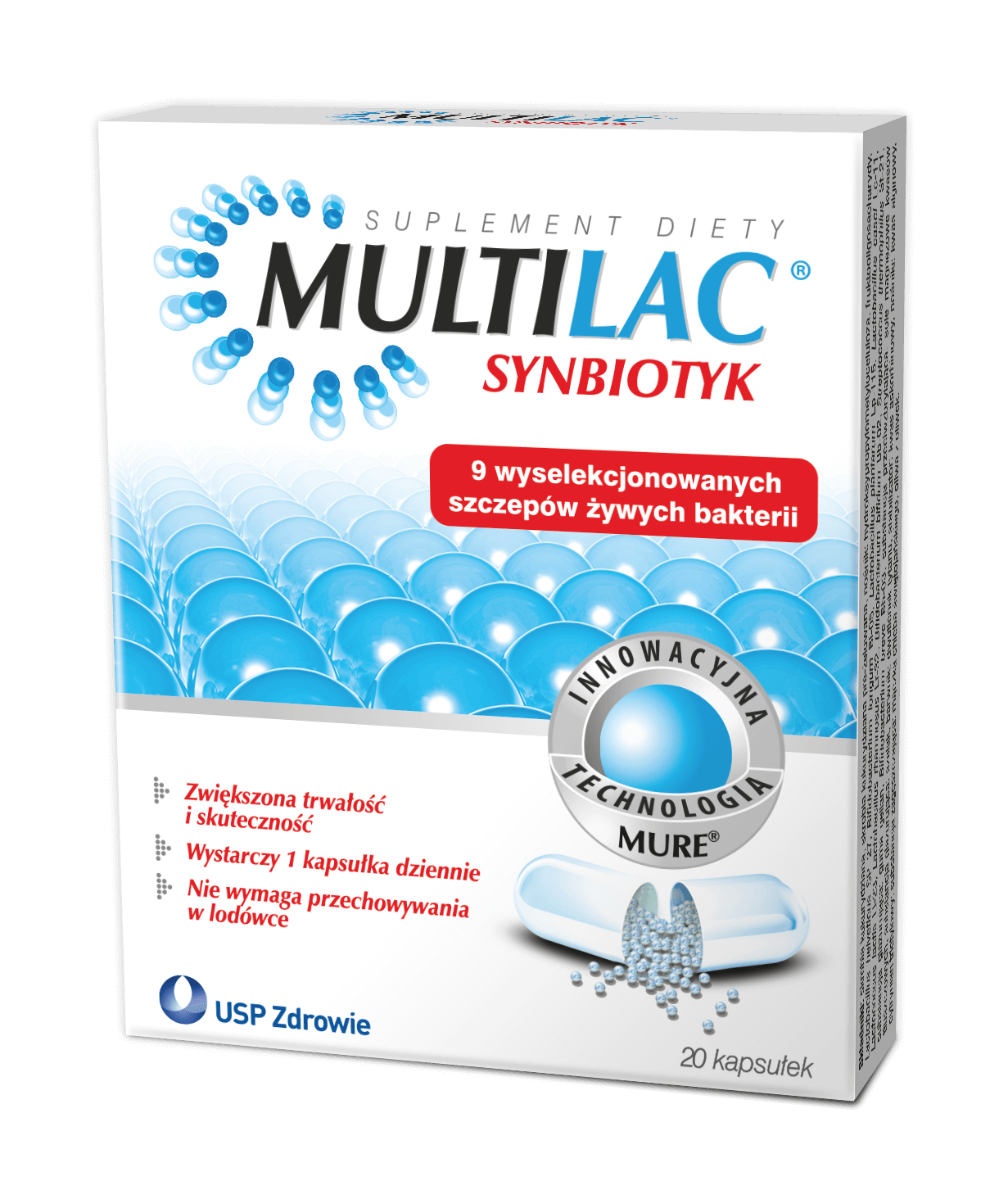 Multilac, kapsułki ze składnikami przywracającymi naturalną mikroflorę przewodu pokarmowego, 20 szt.