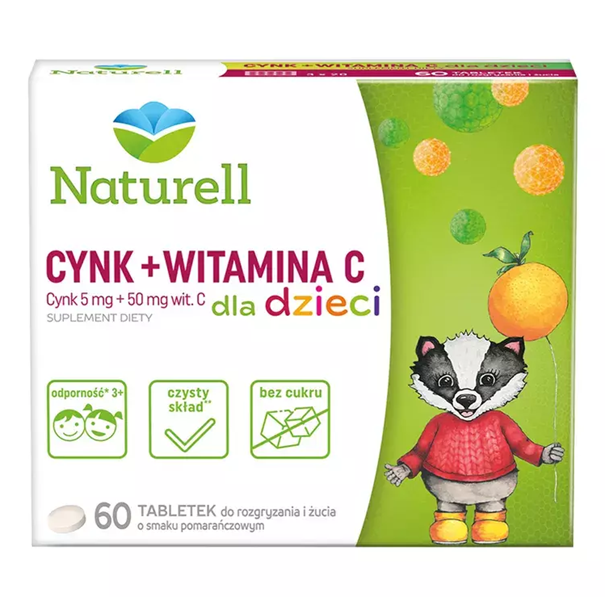 NATURELL CYNK + WITAMINA C, tabletki do rozgryzania i żucia ze składnikami wspierającymi odporność dzieci, pomarańczowe, 60 szt