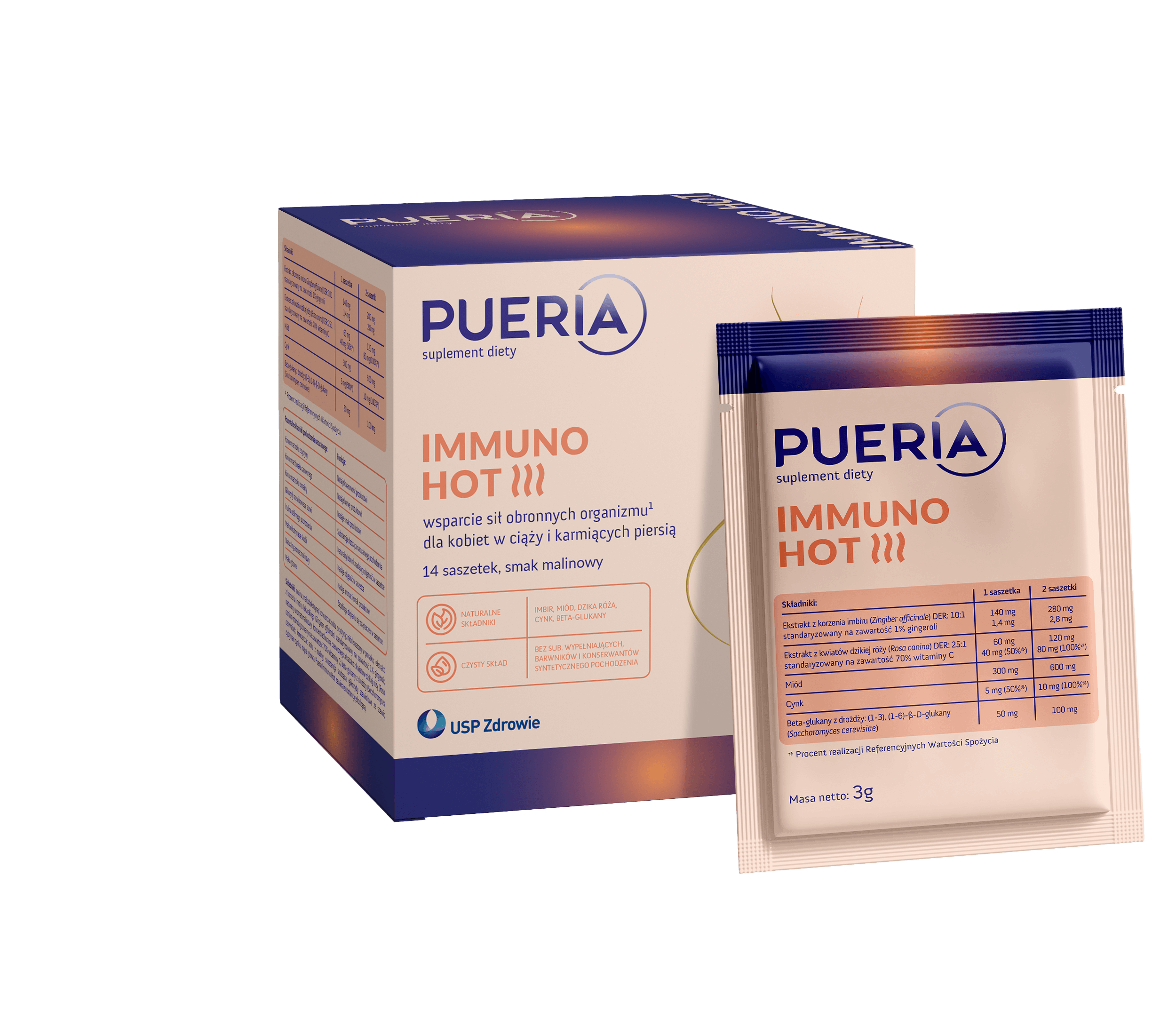 Pueria Immuno Hot, saszetki ze składnikami wspomagającymi układ odpornościowy kobiet w ciąży, 14 szt.