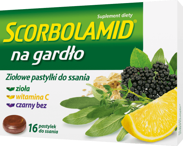 Scorbolamid Na Gardło, tabletki do ssania ze składnikami łagodzącymi objawy podrażnienia gardła, 16 szt.