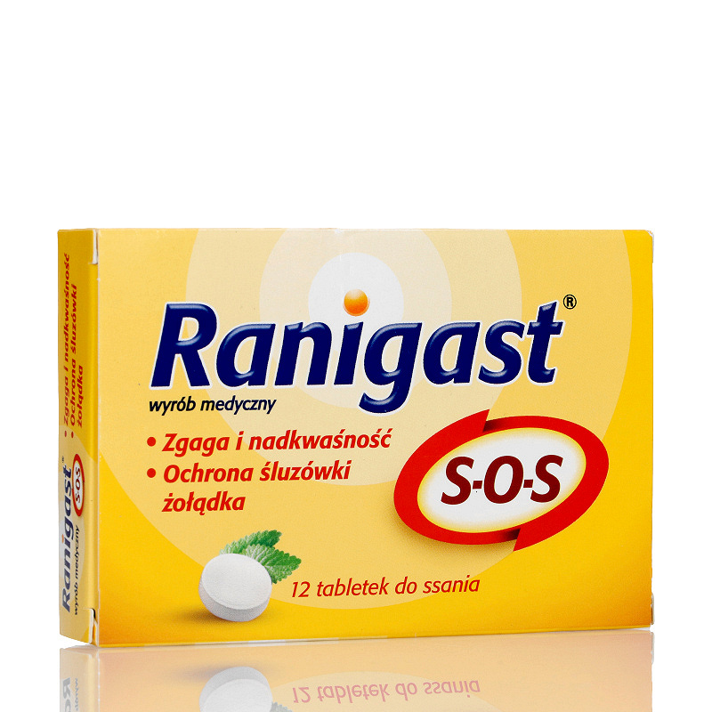 Ranigast S-O-S, tabletki do ssania na zgagę, nadkwasowość, 12 szt.