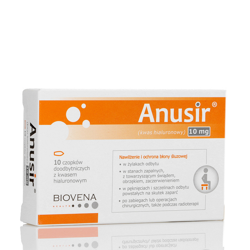 Anusir, czopki doodbytnicze łagodzące z kwasem hialuronowym na hemoroidy, 10 szt.