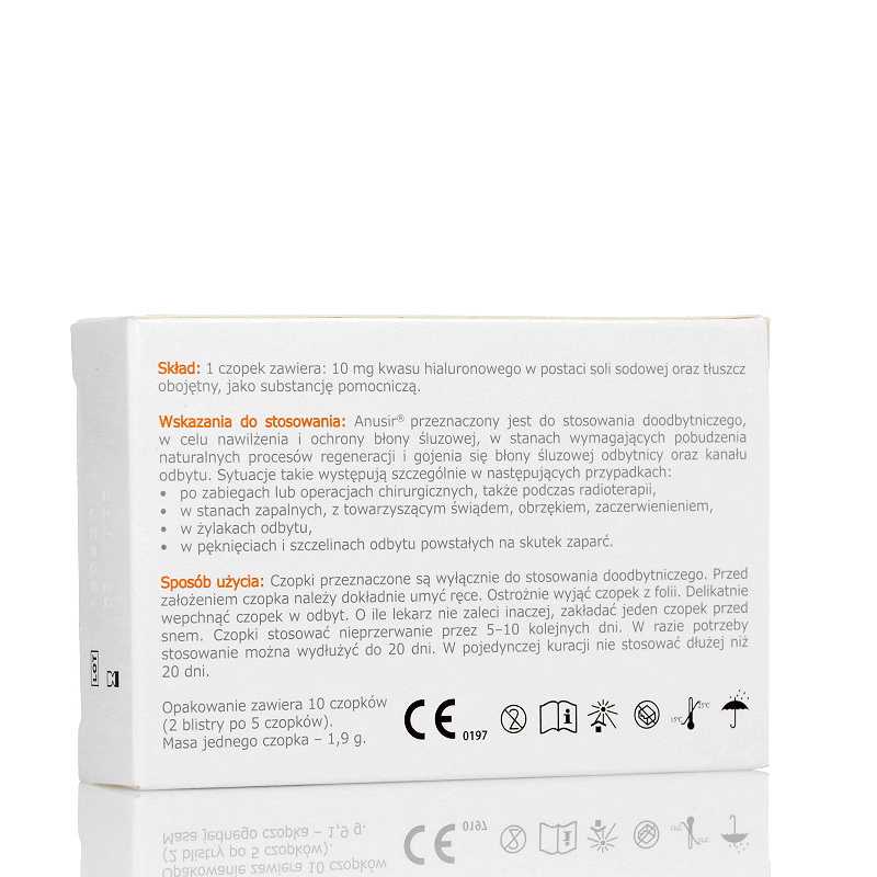 Anusir, czopki doodbytnicze łagodzące z kwasem hialuronowym na hemoroidy, 10 szt.