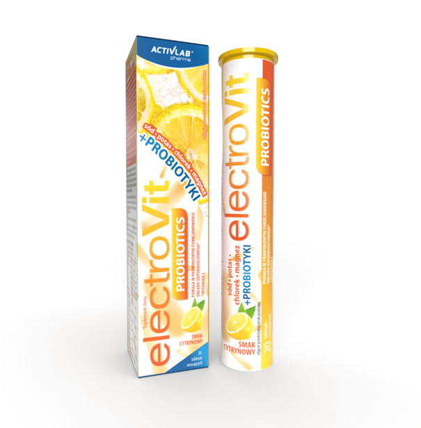 Electrovit Probiotics tabletki musujące o smaku malinowym które dostarczają elektrolity, witaminę C oraz bakterie probiotyczne, 20 szt.