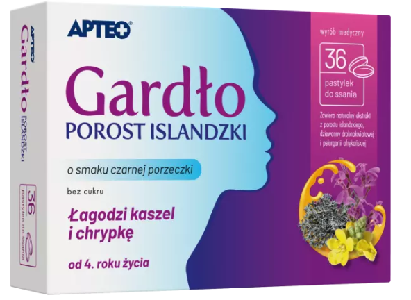 Apteo Gardło Z Porostem Islandzkim czarna porzeczka, 36 pastylek do ssania