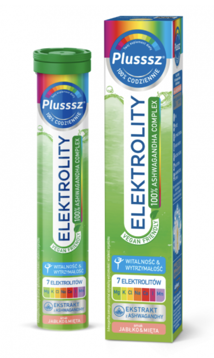 Plusssz Elektrolity 100% Ashwagandha Complex, 24 tabletki musujące, jabłko-mięta