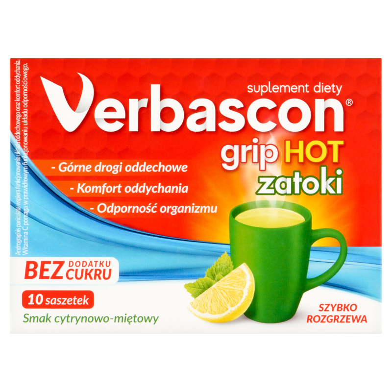 Verbascon, Grip Hot zatoki, 10 saszetek, smak cytrynowo-miętowy