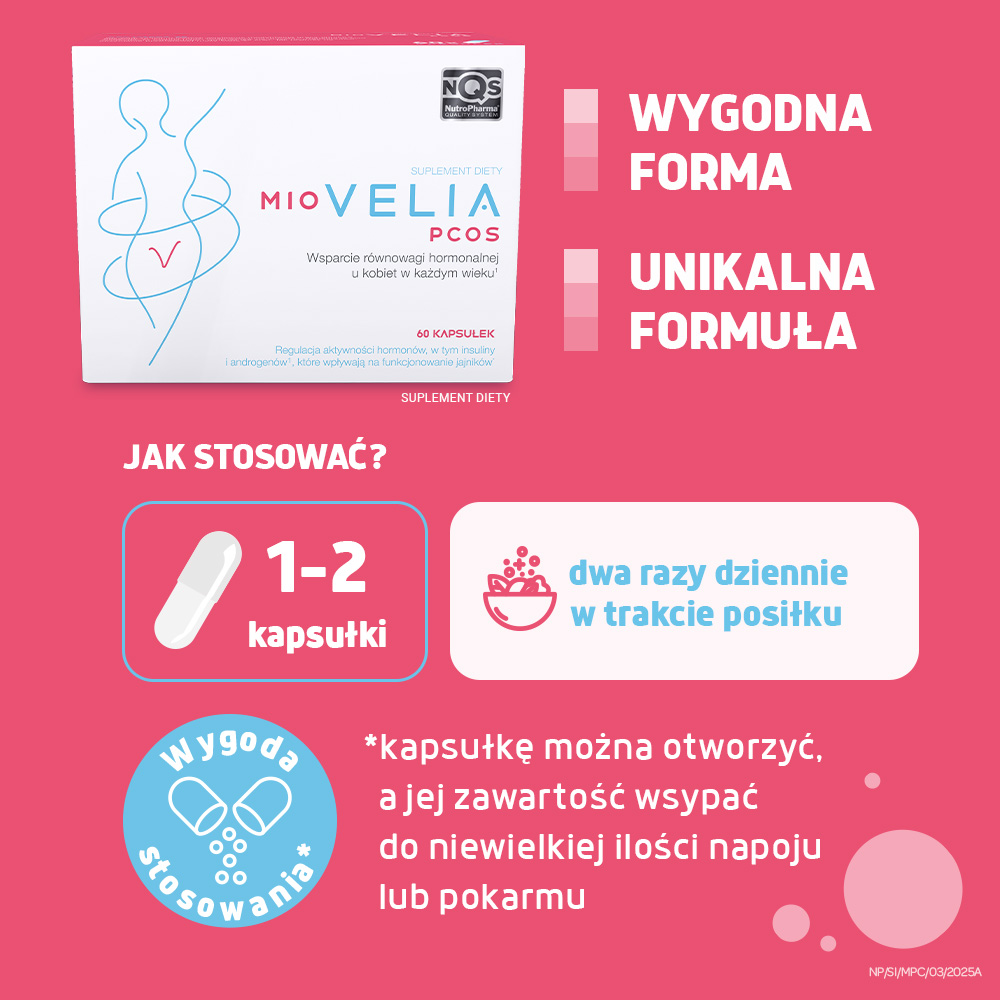 Miovelia PCOS , kapsułki ze składnikami wspomagającymi gospodarkę hormonalną u kobiet, 60 szt.