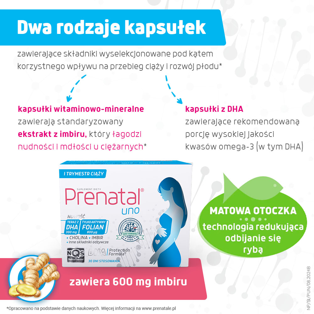 Prenatal UNO, kapsułki zawierające witaminy z DHA dla kobiet w 1. trymestrze ciąży, 30 kaps. + 30 kaps.