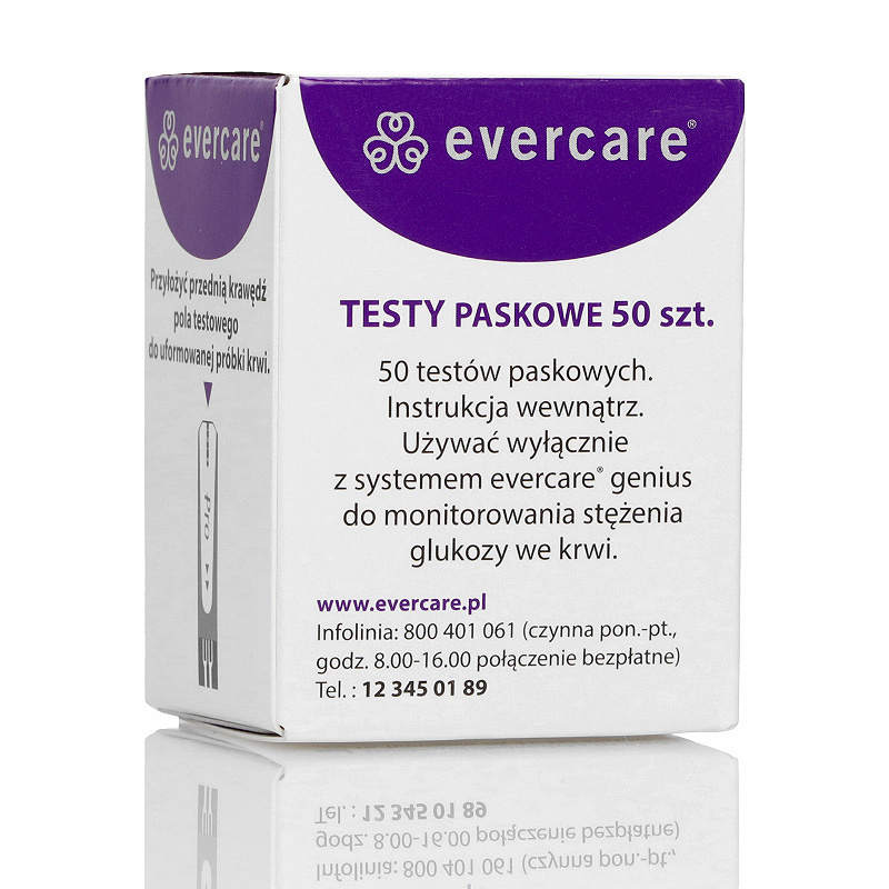 Evercare, test paskowy do mierzenia poziomu glukozy we krwi, 50 szt.