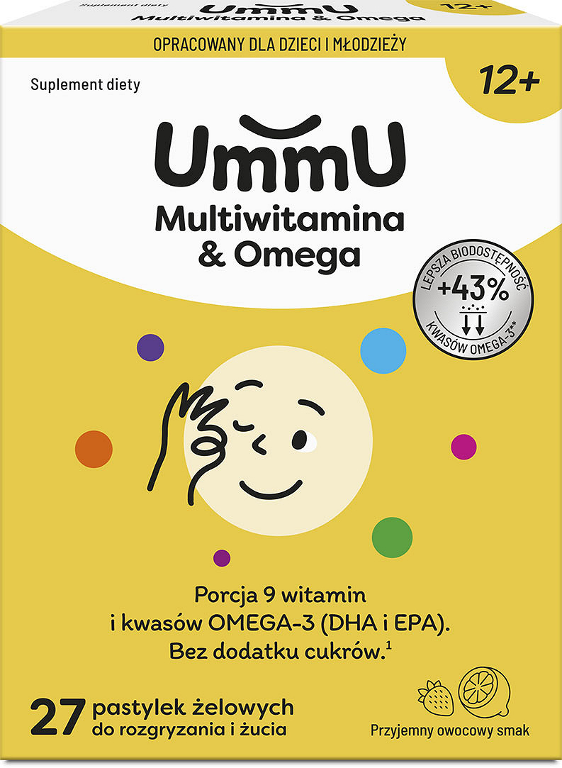 UmmU Multiwitamina & Omega 12+ pastylki do rozgryzania o owocowym smaku, 27 szt.