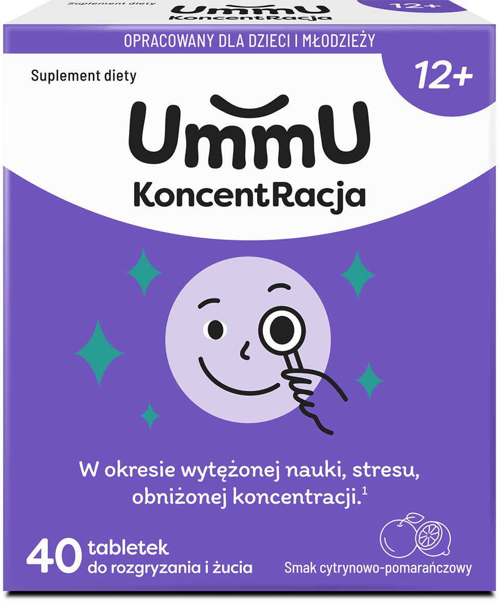 UmmU Koncentracja 12+, tabletki do rozgryzania i żucia, cytrynowo-pomarańczowe, 40 szt.