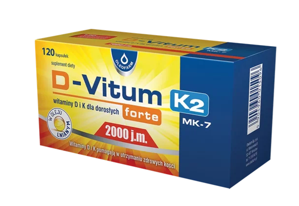 D-Vitum K2 forte MK-7 2000 j.m., kapsułki ze składnikami wspierającymi utrzymanie zdrowych i mocnych kości, 120 szt.