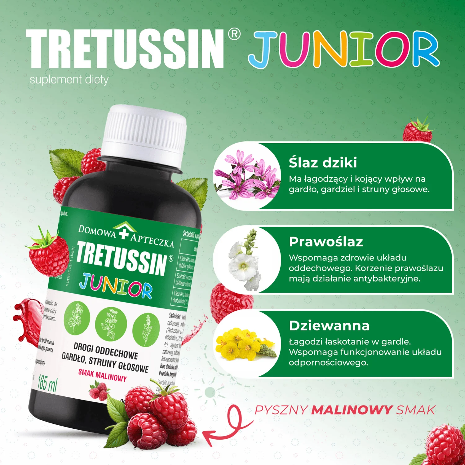 Tretussin Junior, płyn ze składnikami wspomagającymi drogi oddechowe, 165 ml