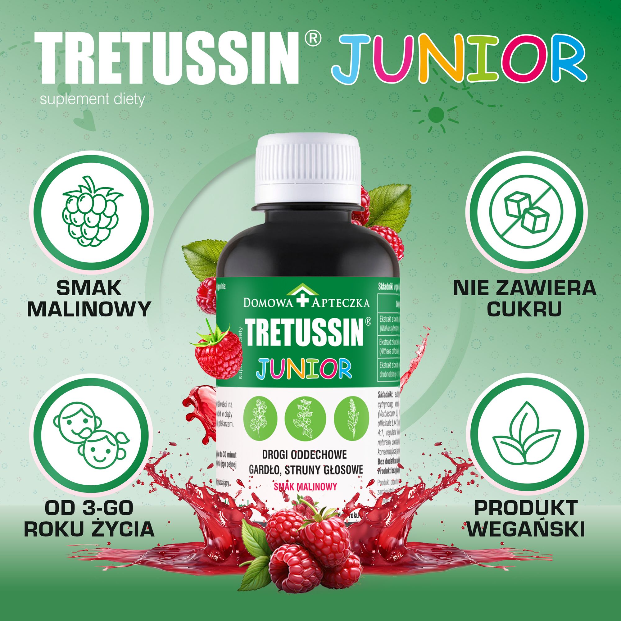 Tretussin Junior, płyn ze składnikami wspomagającymi drogi oddechowe, 165 ml