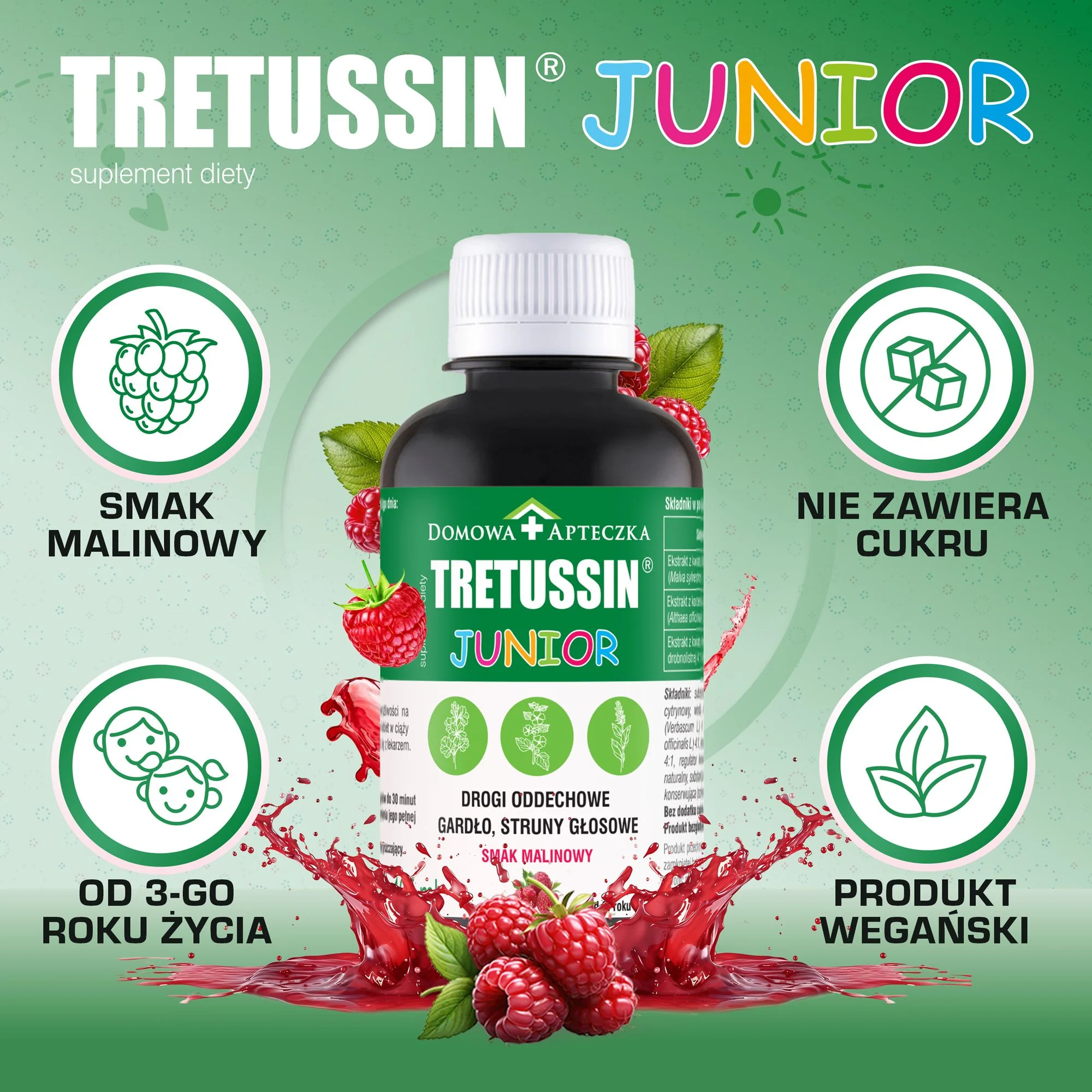 Tretussin Junior, płyn ze składnikami wspomagającymi drogi oddechowe, 165 ml