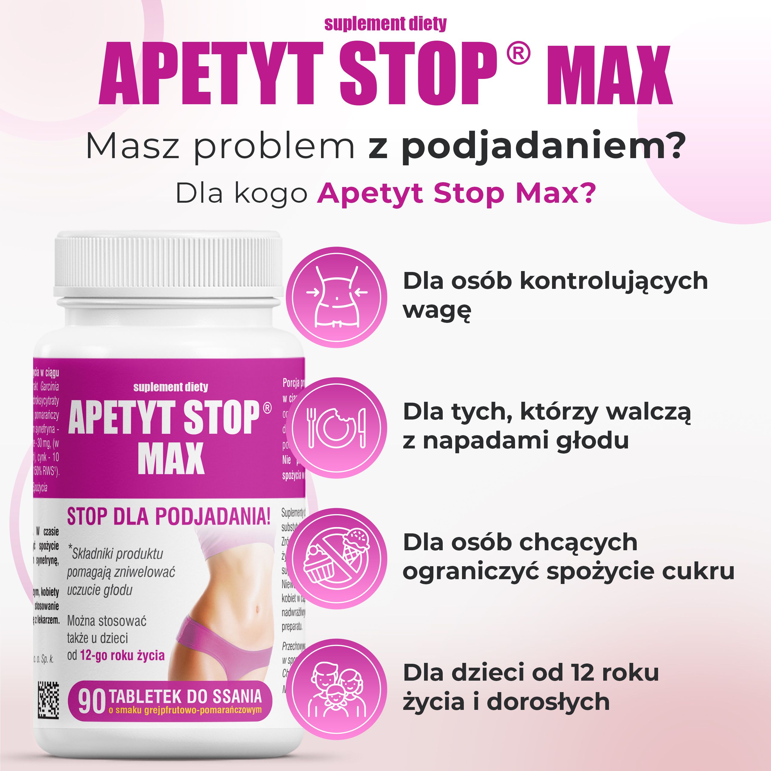 Apetyt Stop Max, tabletki do ssania ze składnikami wspomagającymi odchudzanie, 90 szt.