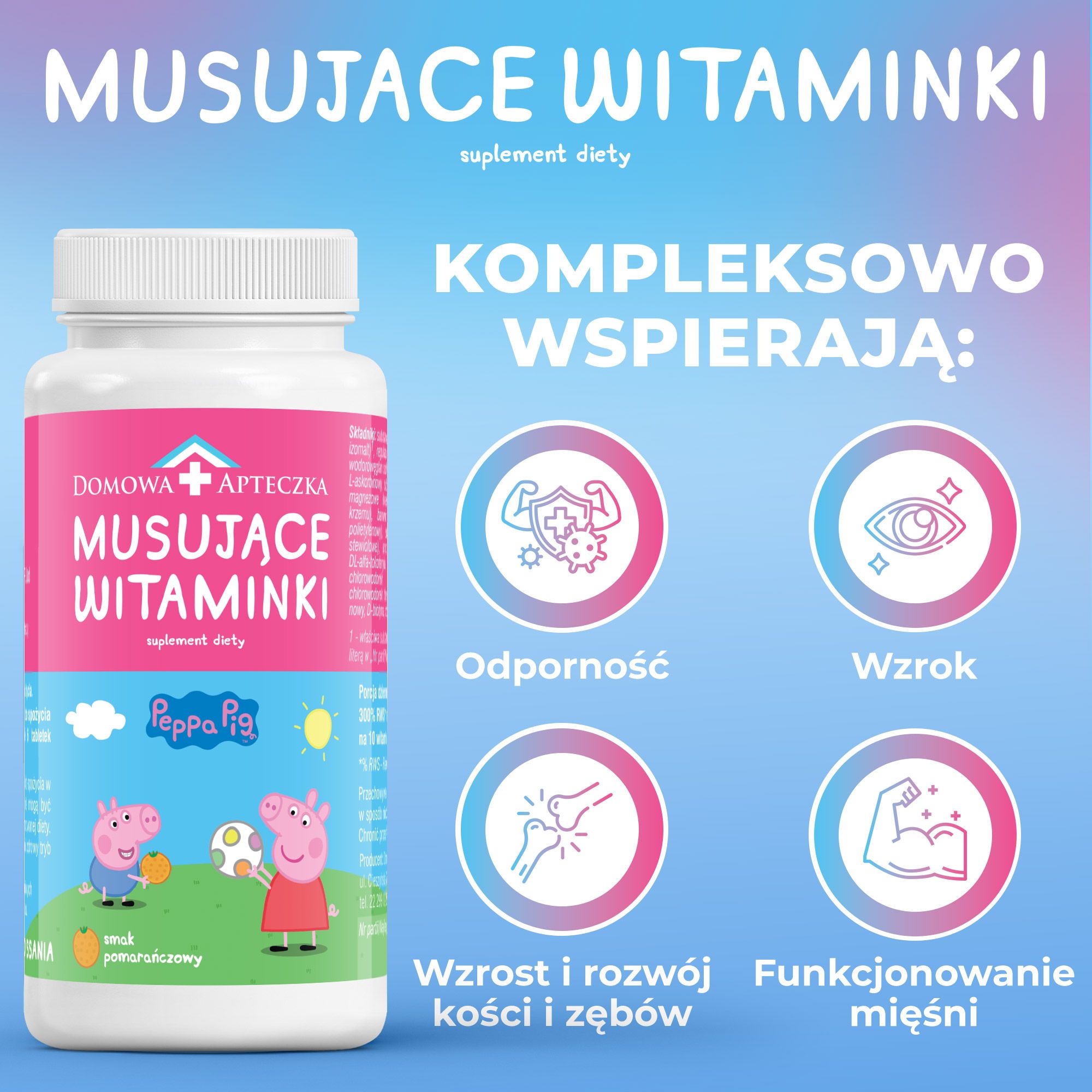 Musujące Witaminki Świnka Peppa, tabletki do ssania z kompleksem witamin dla dzieci, 60 szt.