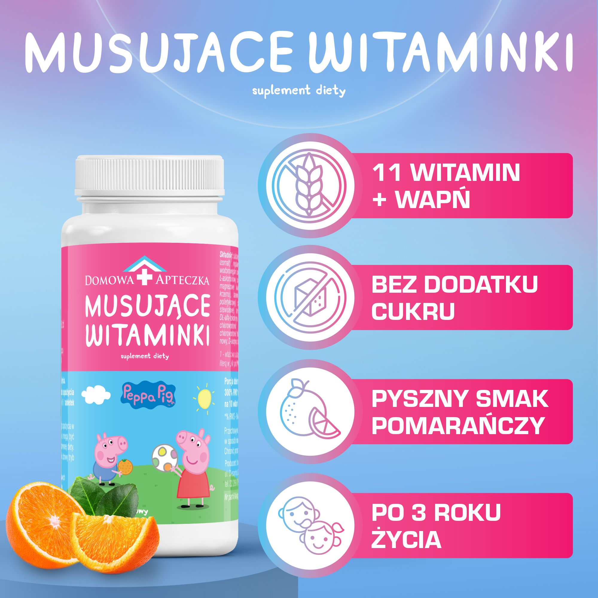 Musujące Witaminki Świnka Peppa, tabletki do ssania z kompleksem witamin dla dzieci, 60 szt.