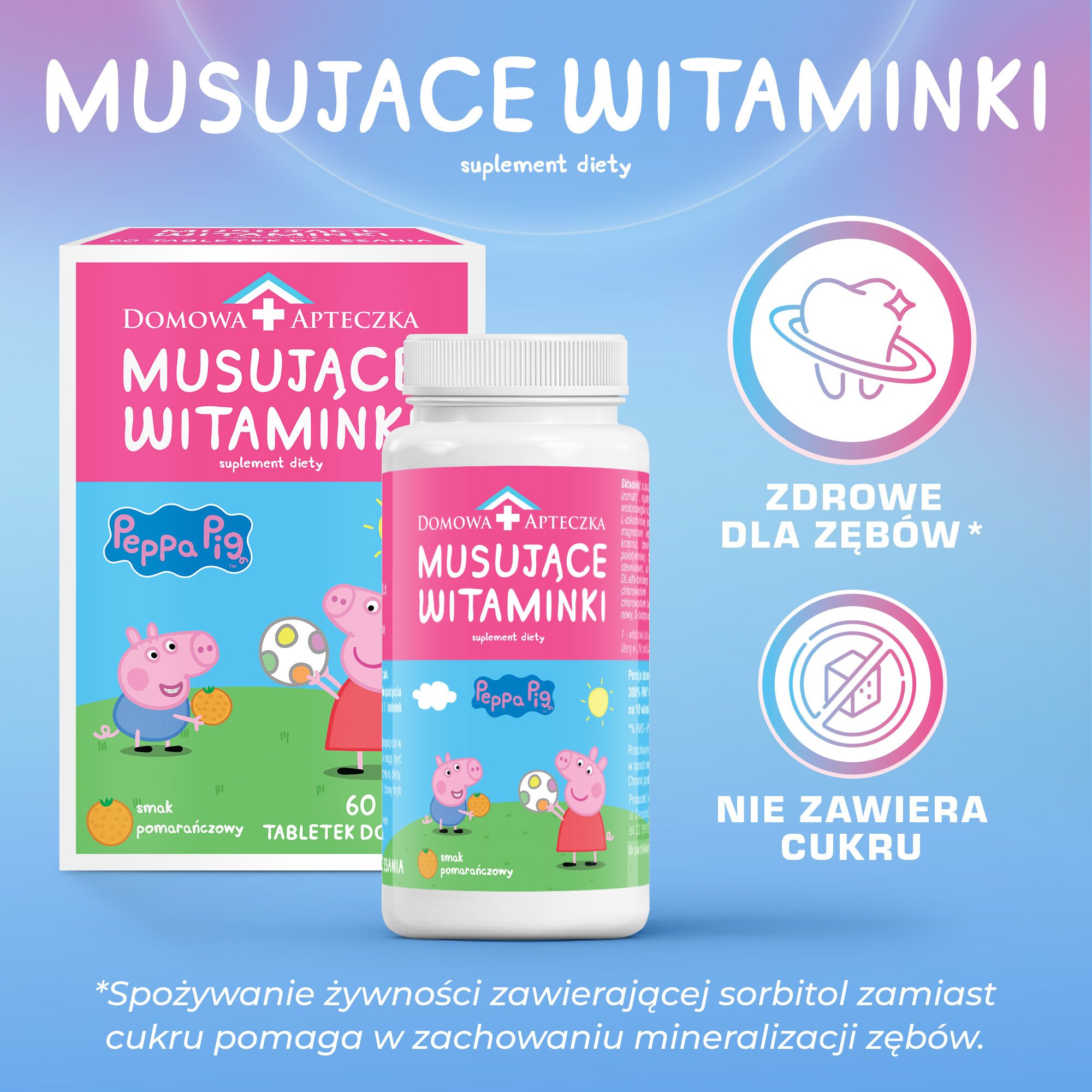 Musujące Witaminki Świnka Peppa, tabletki do ssania z kompleksem witamin dla dzieci, 60 szt.