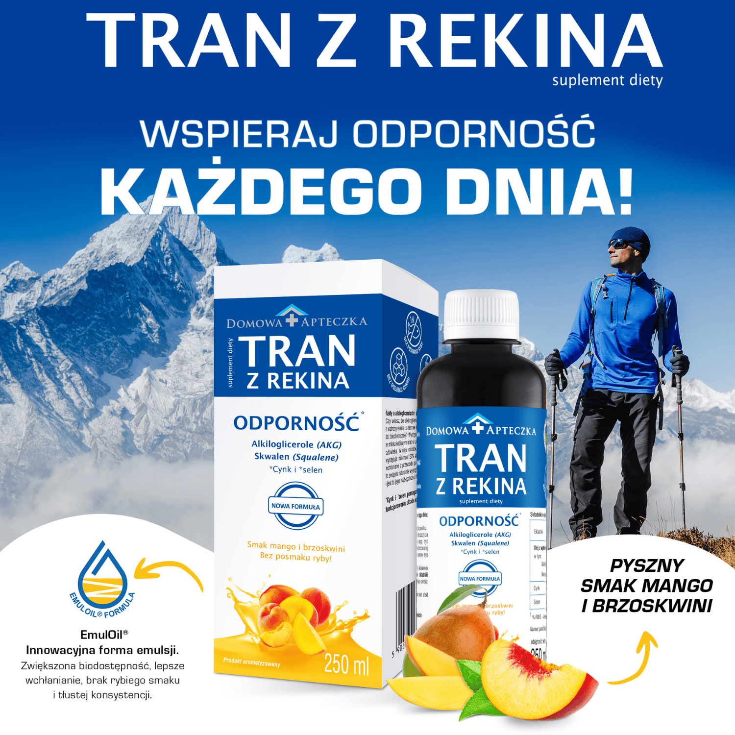 Tran z rekina Nowy Skład, płyn o smaku mango i brzoskwini, 250 ml