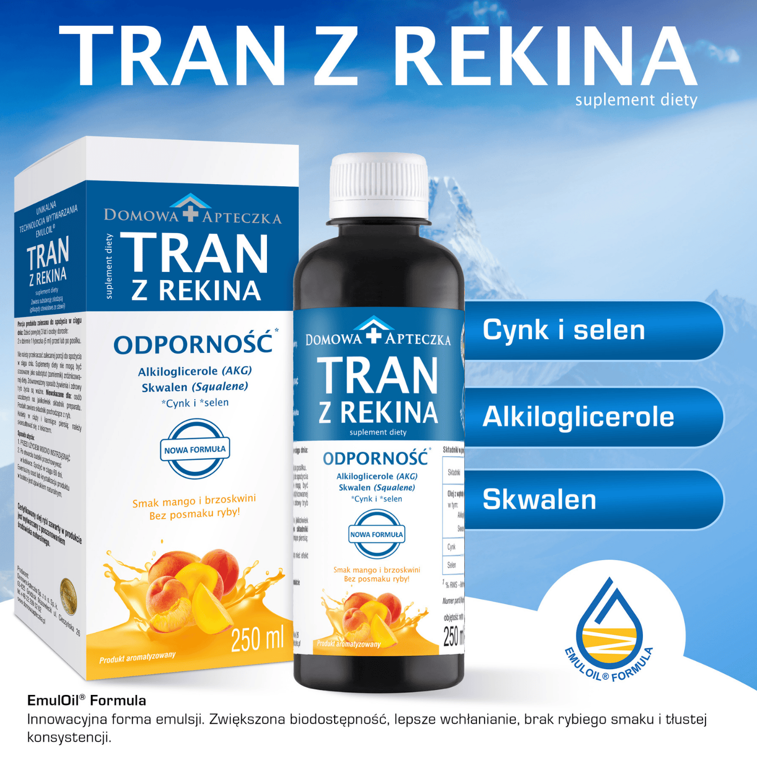 Tran z rekina Nowy Skład, płyn o smaku mango i brzoskwini, 250 ml