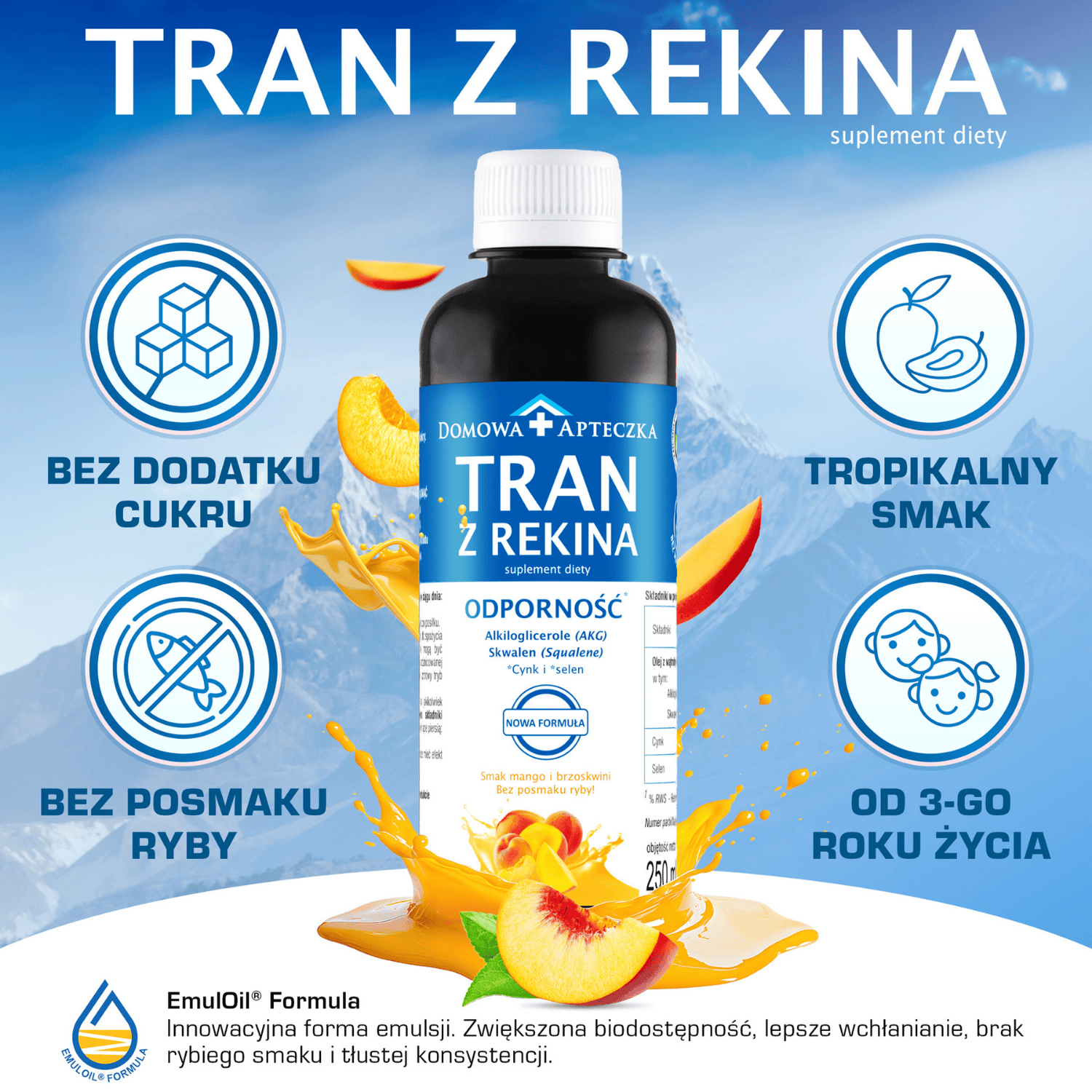 Tran z rekina Nowy Skład, płyn o smaku mango i brzoskwini, 250 ml