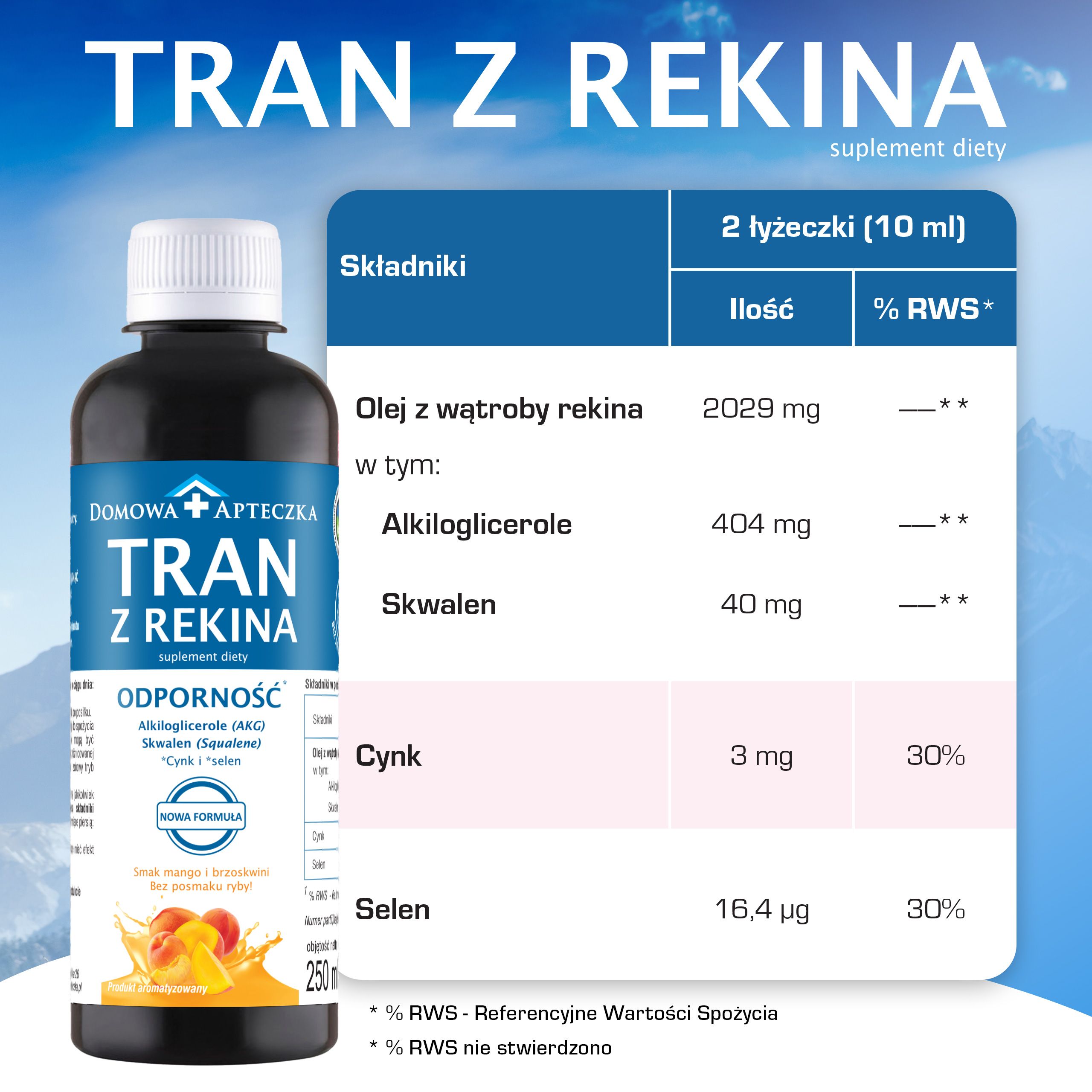 Tran z rekina Nowy Skład, płyn o smaku mango i brzoskwini, 250 ml